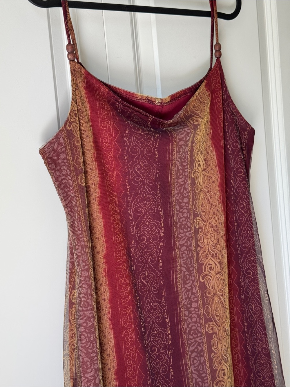 Vintage Y2K Boho Maxi Slip Dress Burgundy Gold Damask Scroll Stripe Mesh Size M - Picture 4 of 12